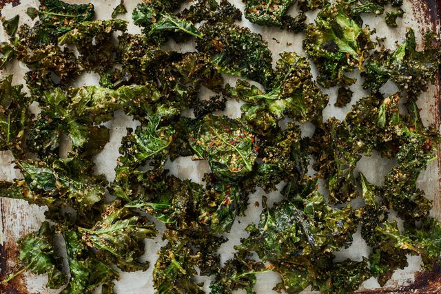 homemade crispy kale chips on a sheetpan