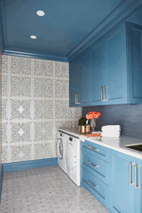 Room, Blue, Tile, Cabinetry, Property, Countertop, Furniture, Ceiling, Kitchen, Interior design, 
