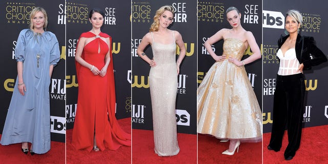 kirsten dunst, selena gomez, kristen stewart, elle fanning y halle berry en la alfombra roja de los critics choice awards 2022