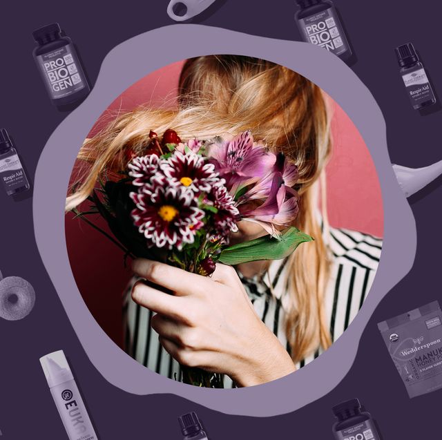 woman with hair and flowers in front of face with allergy relief products