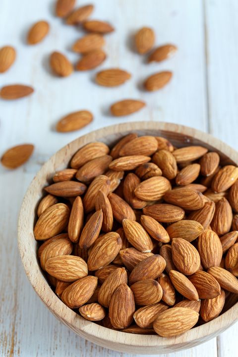Almonds in a wooden bowl.