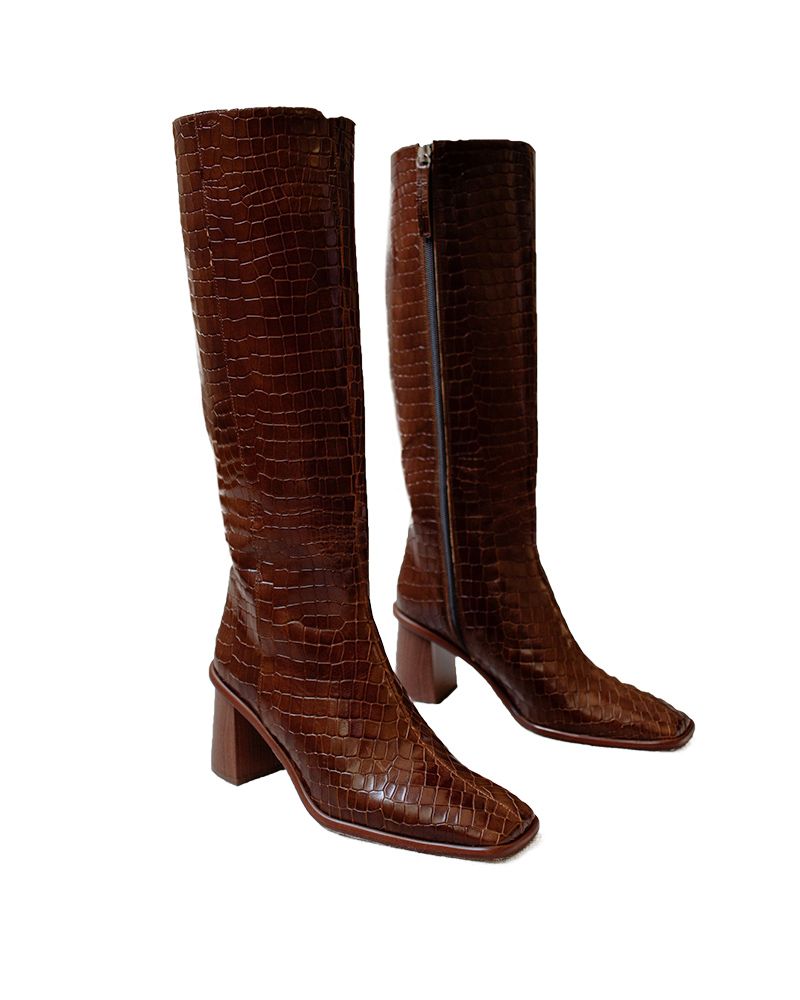 low heel brown knee high boots