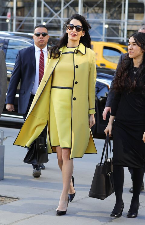 Amal Clooney Wears Cozy Long Grey Dress and Coat Out in New York City
