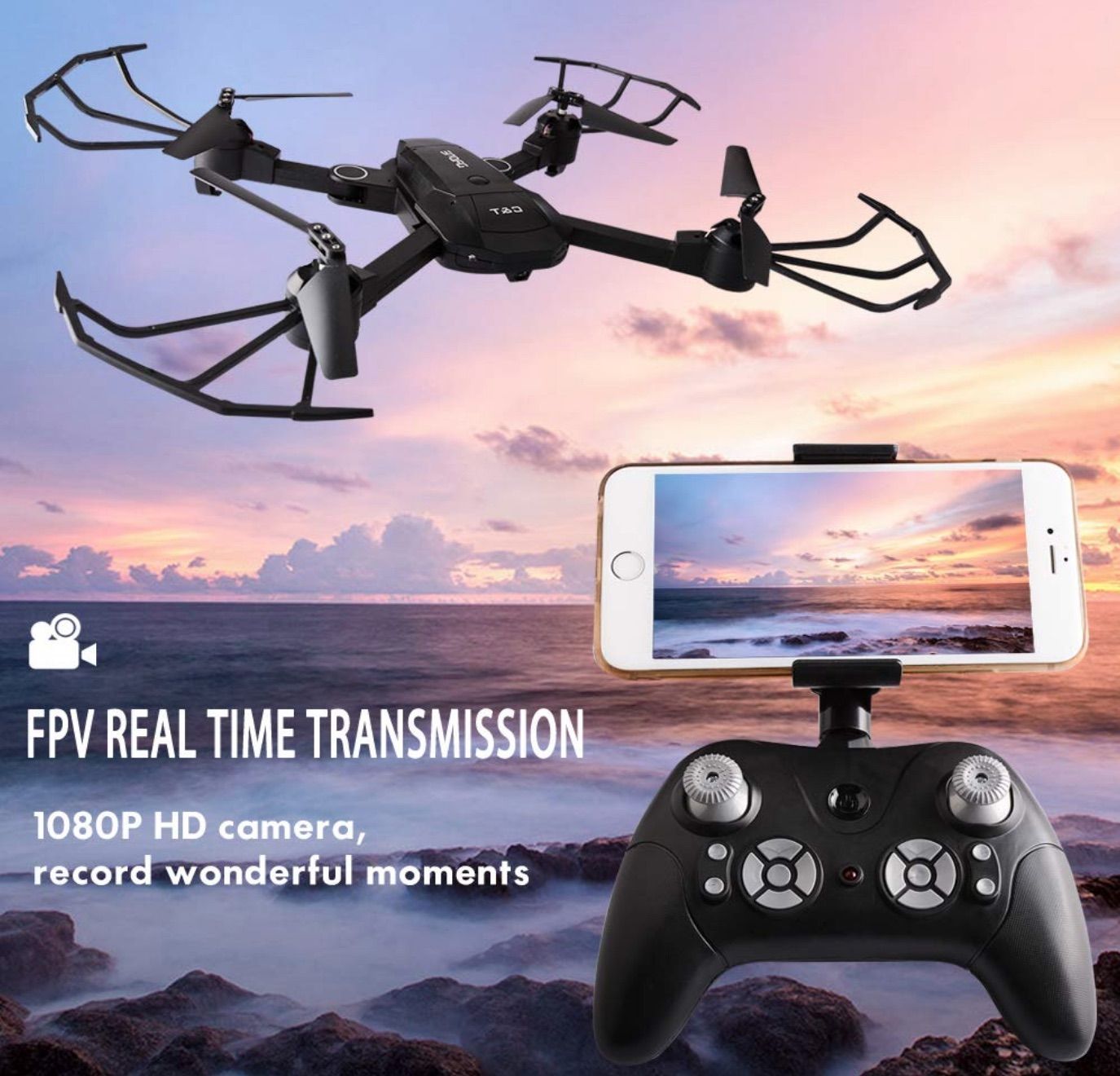 Yush WiFi FPV Drone with HD 1080P Camera Wide-Angle Live Video RC Quadcopter Altitude Hold Headless Mode Two Battery 2.4Ghz 4 Ch 6 Axis Compatible with 3D VR Headset Black 