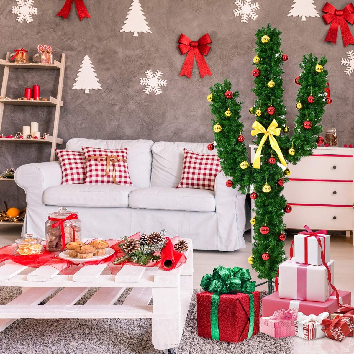 Goplus Pre-Lit Artificial Cactus Christmas Tree with LED Lights and Ball Ornaments