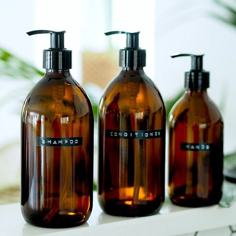 budget small bathroom ideas, amber glass refillable bottle with personalized label pump dispenser