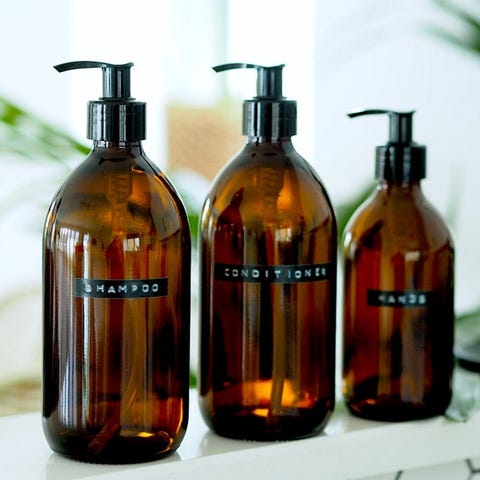 Budget small bathroom ideas: amber glass refillable bottle budget small bathroom ideas, amber glass refillable bottle with personalised label pump dispenser