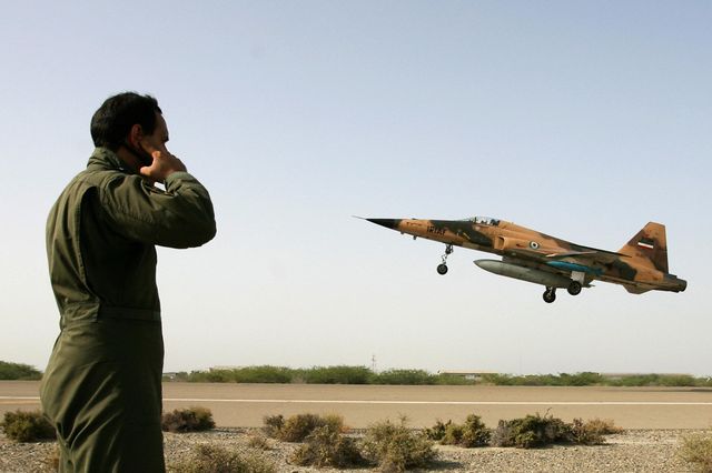 an iranian f5 jet fighter takes off in