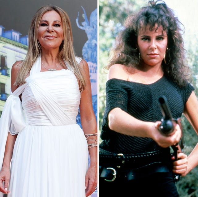 Ana Obregón: antes y ahora la actriz y presentadora, de blanco en el año 2021, y de negro con un arma en la mano en un fotograma de la serie equipo a de 1985