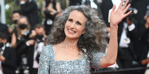 andie macdowell with gray hair at the cannes festival