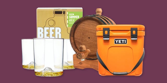 beer making kits, glass, mini barrel, yeti cooler