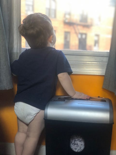 my office mate, er son, in 2020 posing with a paper shredder