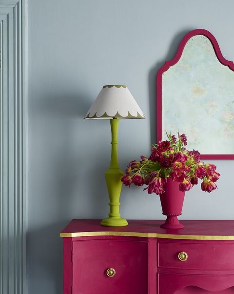 sideboard in capri pink﻿﻿, wall in louis blue﻿, lamp in firle﻿, all annie sloan