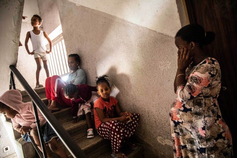 family in a stairwell