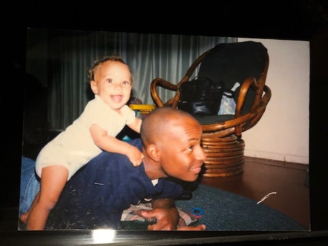 aposhian with her dad just before she turned one, in 1999