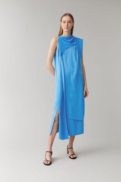 Sleeve, Shoulder, Standing, Joint, Dress, One-piece garment, Style, Formal wear, Day dress, Electric blue, 