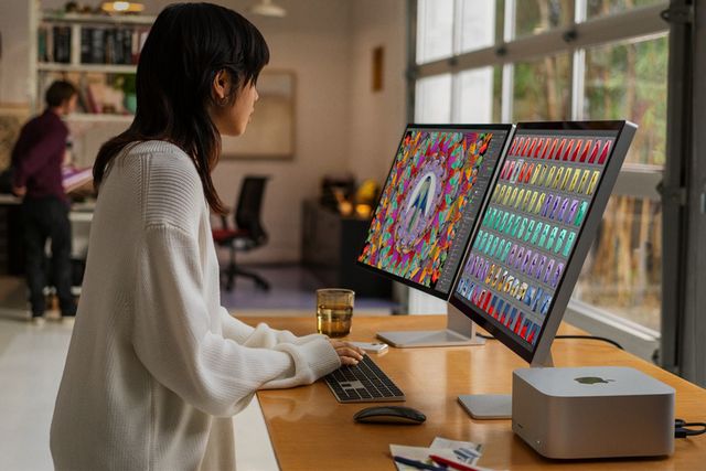 woman working on dual monitors