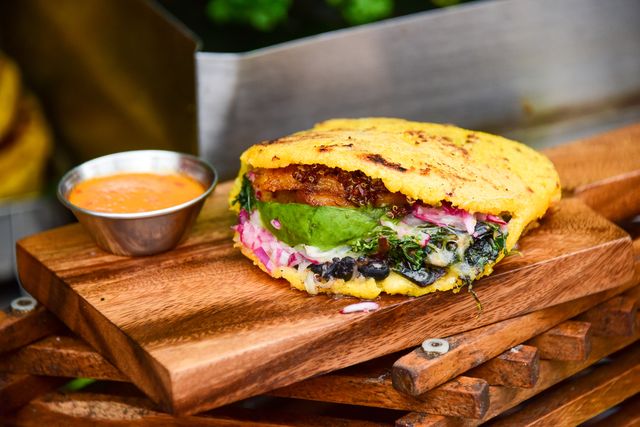 arepa with avocado and plantains