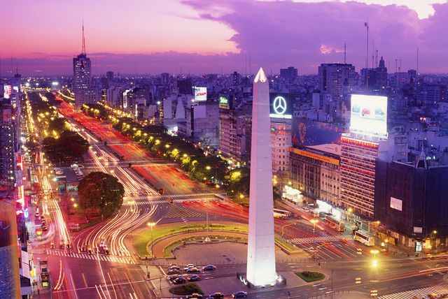 argentina, buenos aires, plaza de la republica at dusk, elevated view