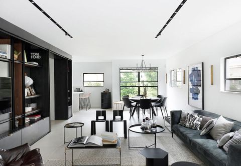Living room, Room, Interior design, Furniture, White, Property, Building, Ceiling, Black-and-white, Table, 