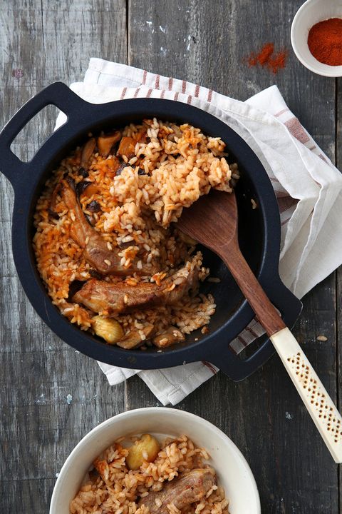 arroz con setas, costillas  y castañas