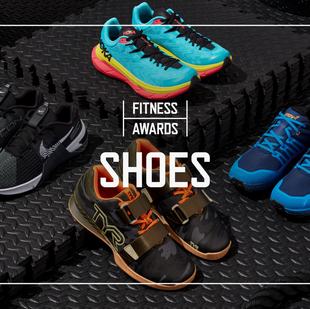 4 pairs of fitness shoes in various colors laid out on black rubber gym flooring with text stating fitness awards shoes laid over top the photo