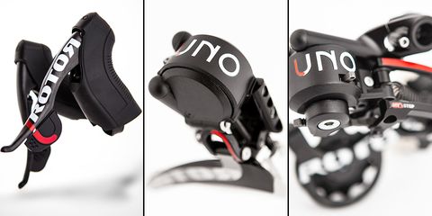 At the heart of the Rotor Uno group are shifters and derailleurs that are controlled by hydraulic lines, rather than traditional cables and housing or the servo-motors used in electronic groups.