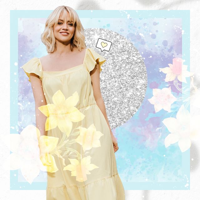 kimberly wyatt in a lemon yellow dress, smiling to the camera this image is against a sparkly glitter circle, low opacity daffodils and pink and blue background