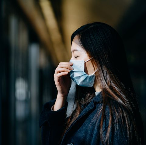 asian woman with eyes closed wearing protective face mask commuting in the city and waiting for subway in platform
