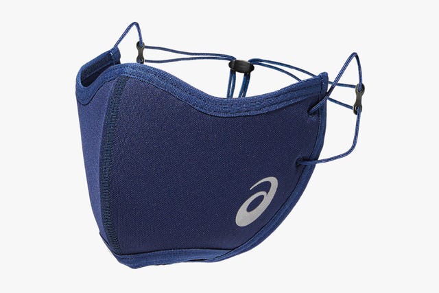 a navy blue face mask with multiple adjustment points