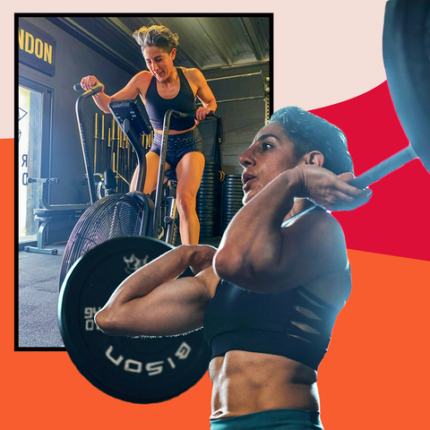 yanar alkayat, on a fitness bike, pushing and looking red and sweaty another image shows her lifting a weight and breathing through the move