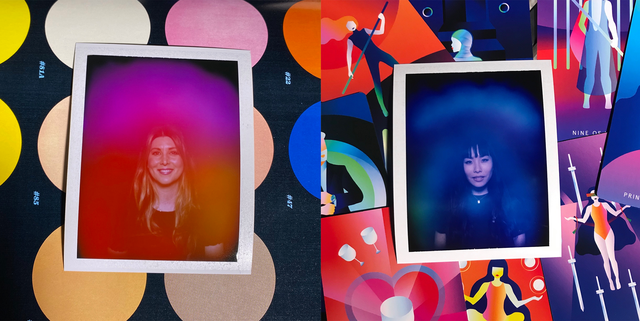two aura polaroids show young women surrounded by halos of different colors