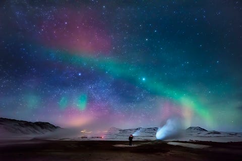 Aurora Borealis and Geothermal Steam, Iceland