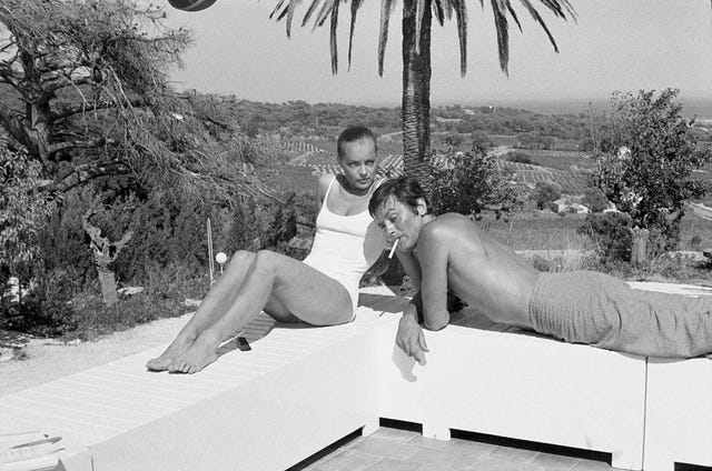 on the set of la piscine, romy schneider wearing a white one piece