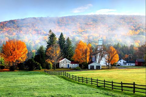 autumn mist in the village of tyringham in the berkshires