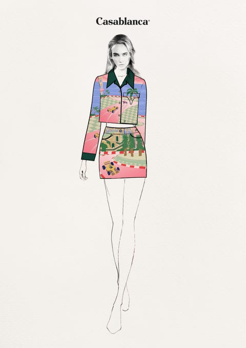 printed satin and hand quilted skirt and jacket with corduroy collar