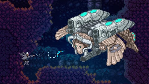 axiom verge 2, with a character throwing a weapon at a ship with wings and a child's face in the middle