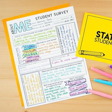 a student survey, with different quetions answered in different colors, sitting on a desk with pens the activity isa good housekeeping pick for best back to school activities