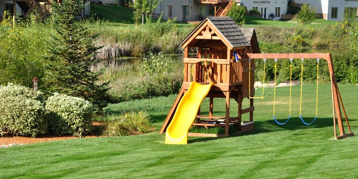 back yard wooden play set surrounded by greenery royalty free image 1586539984