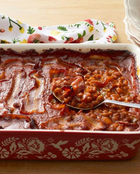 best baked beans ever in red casserole dish