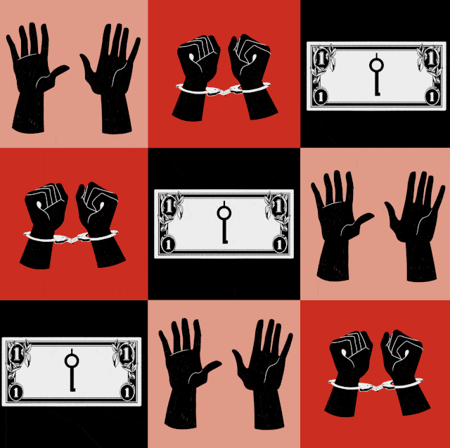 a gif including illustrations of a dollar with a key sign, handcuffed hands, and open palms