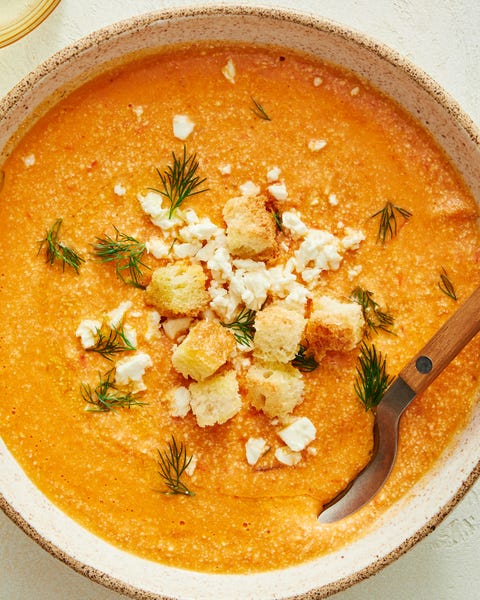 baked feta soup topped with breadcrumbs