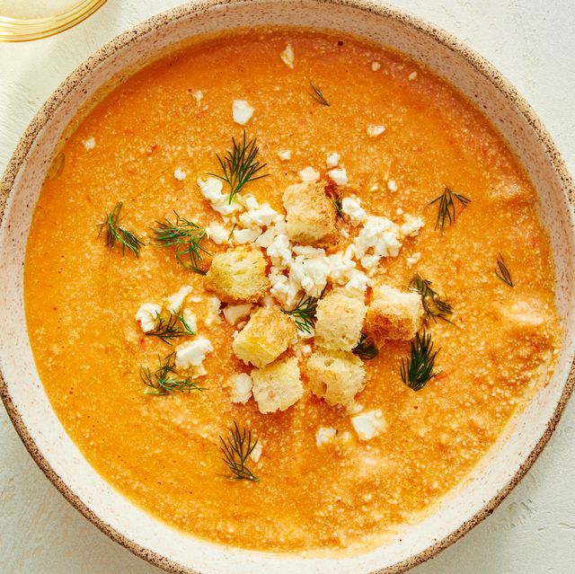 baked feta soup topped with breadcrumbs
