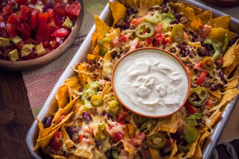 Baked Nachos Tortilla Chips with Salsa, Minced Meat and Jalapenos