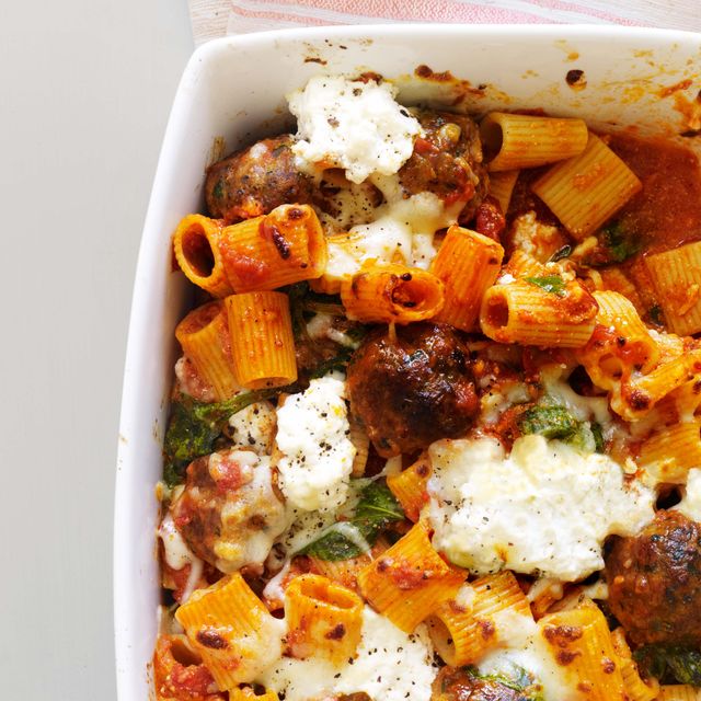 baked pasta with meatballs and spinach