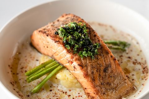 baked salmon with mashed potato and asparagus, creamy sauce