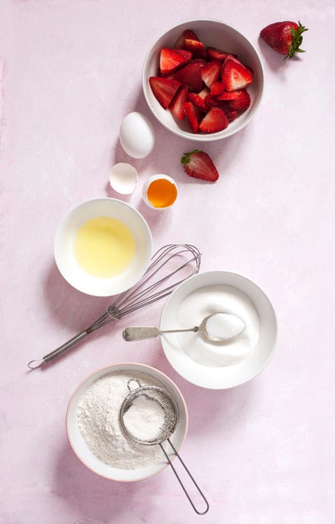 Baking ingredients for making strawberry cake or pie