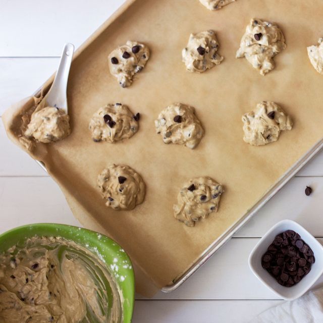 chocolate chip cookie dough on baking sheet