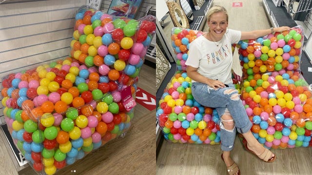 ball pit chair in a homegoods store and with someone sitting in it