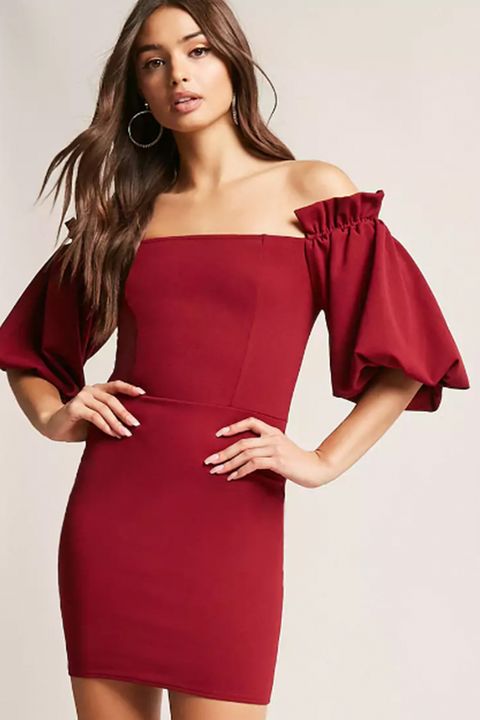 Clothing, Dress, Shoulder, Cocktail dress, Fashion model, Joint, Red, Maroon, Photo shoot, Strapless dress, 